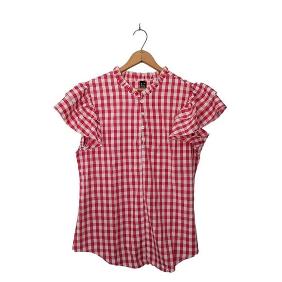 SHEIN Red Gingham Flutter Sleeve Frilled Neck Half Button Blouse NWOT XL 5 0286 - Picture 4 of 8